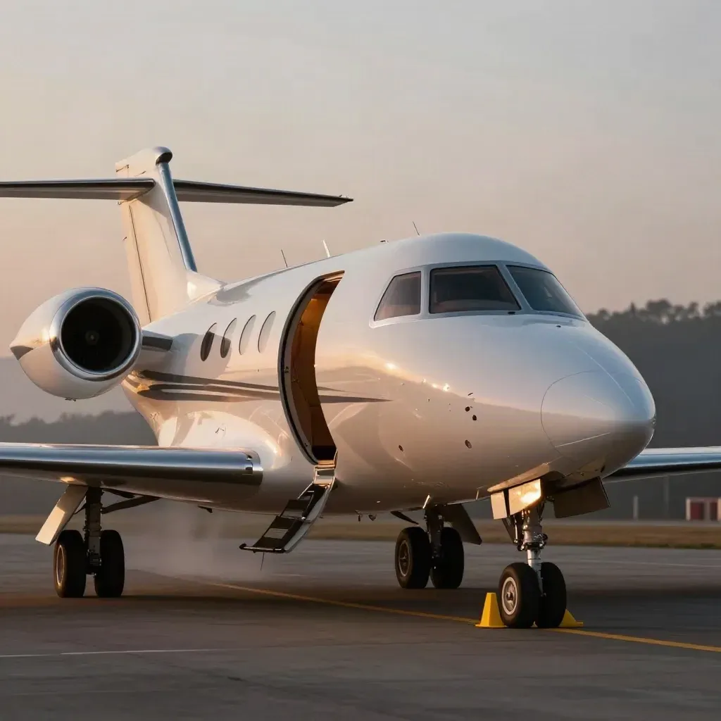 Empty private jet on a remote stand at dawn with cabin lights glowing and one service cone.