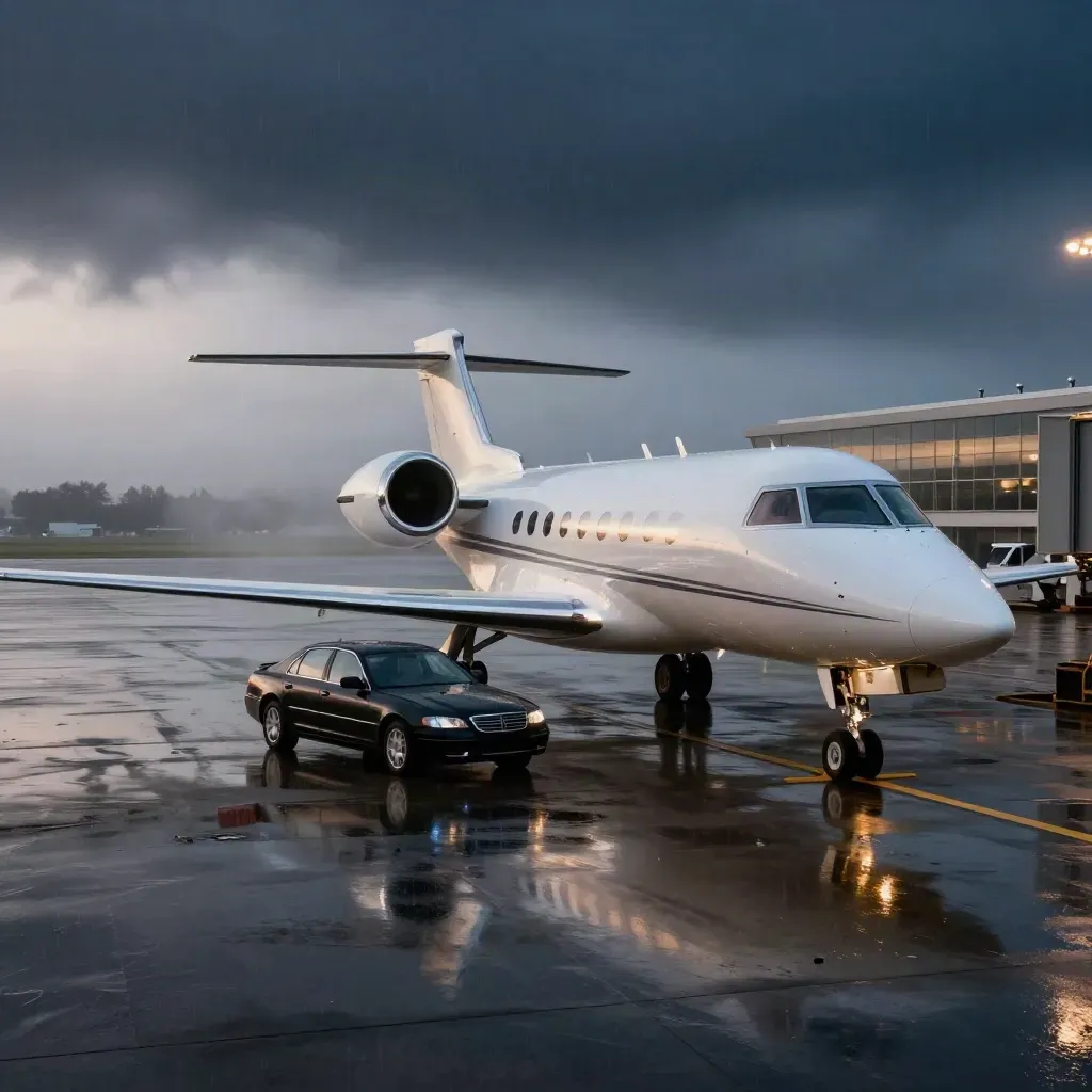 Private jet at a wet private terminal at dawn with boarding stairs, saloon car, and mist
