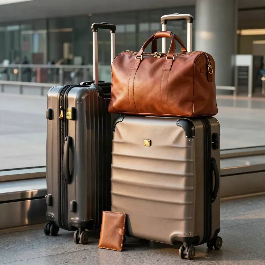 Packed carry-ons and a leather overnight bag by a terminal glass wall for corporate travel