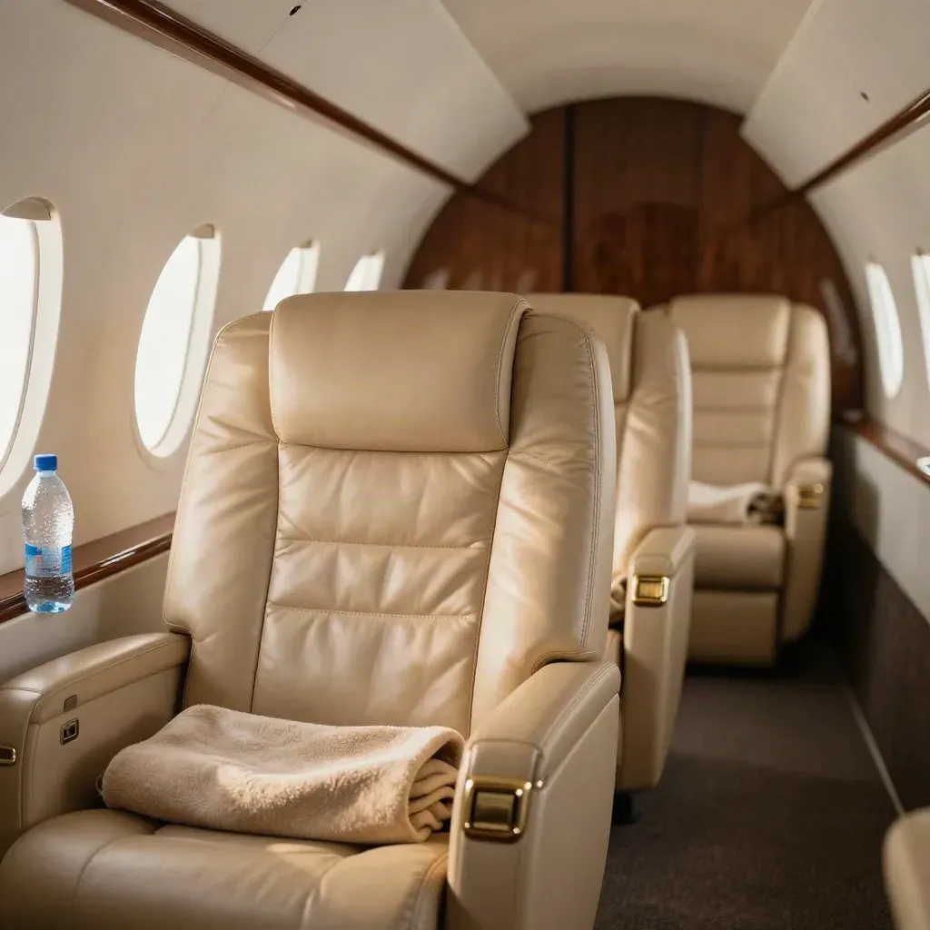 Prepared private jet cabin with leather seats, blankets and water bottles ready for Dublin departure.