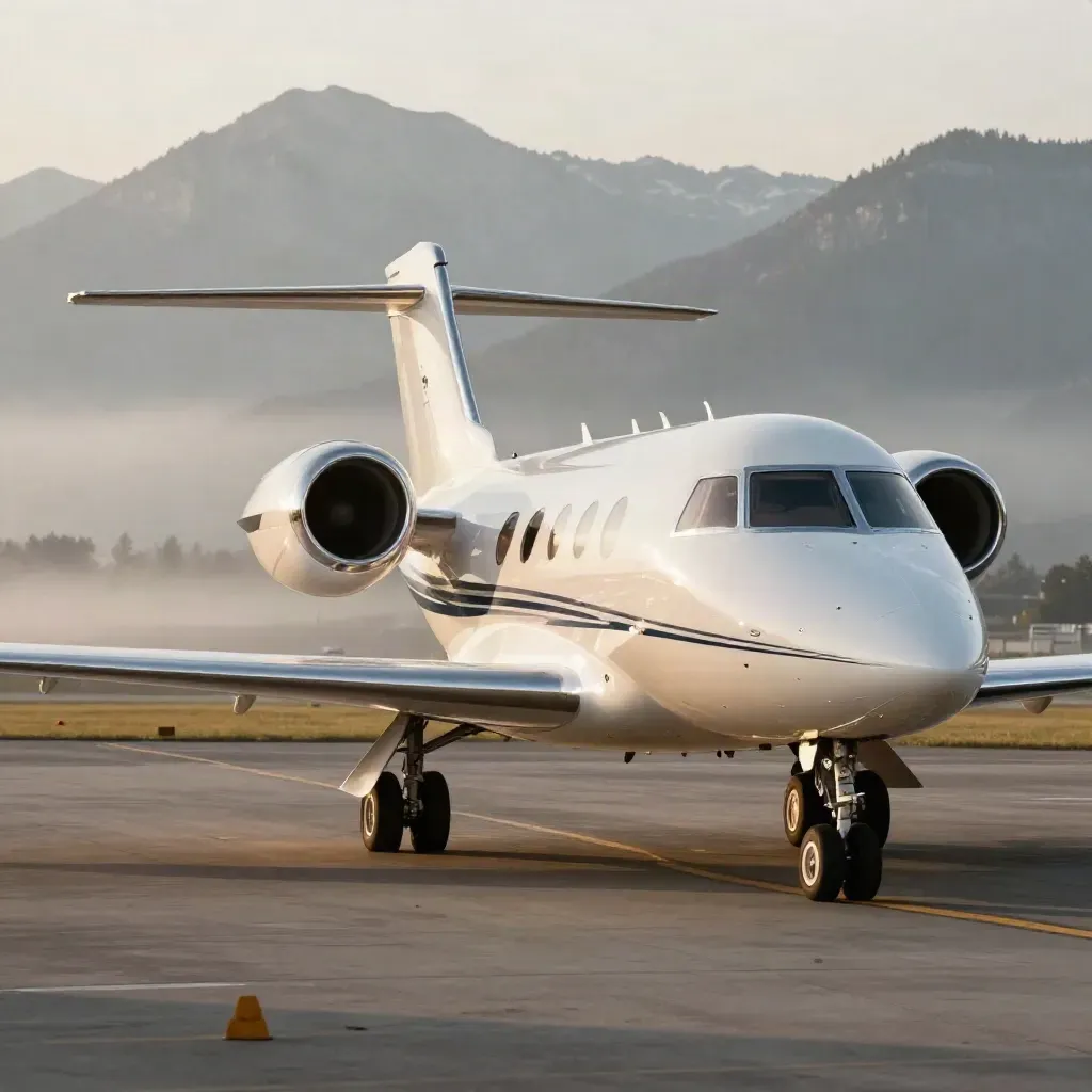Private jet on Geneva apron in morning haze, staircase down, Alps and lake behind.