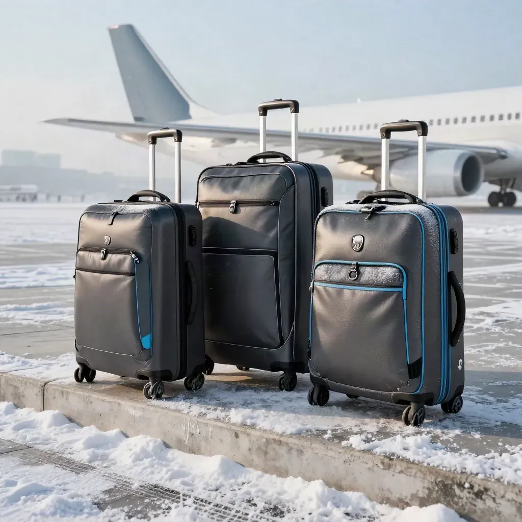 Ski cases and cabin bags staged on a snowy private terminal step with a jet tail behind.