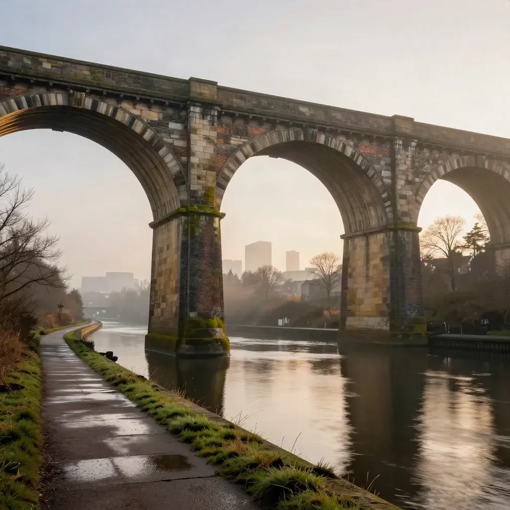 Sandstone viaduct above a misty canal with Birmingham distant at dawn