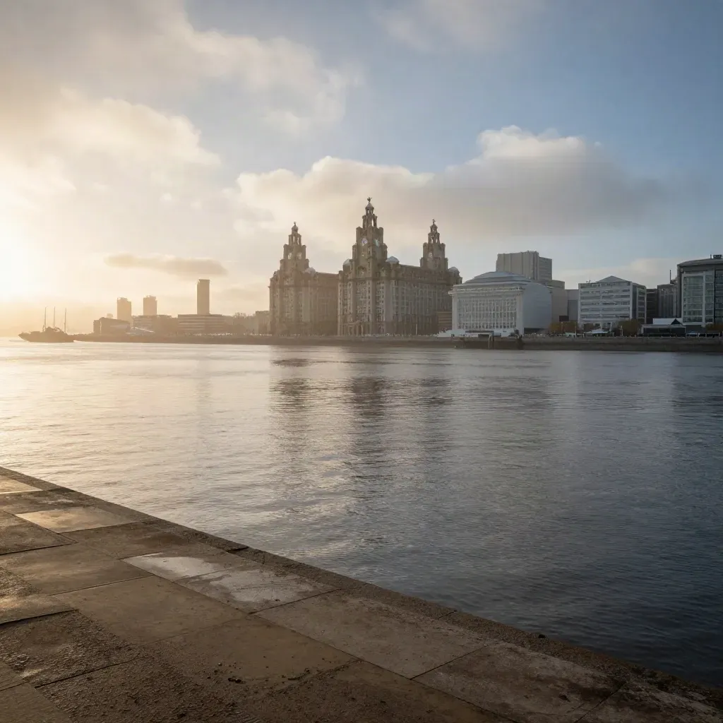 Liverpool waterfront above misty Mersey water in warm clearing light